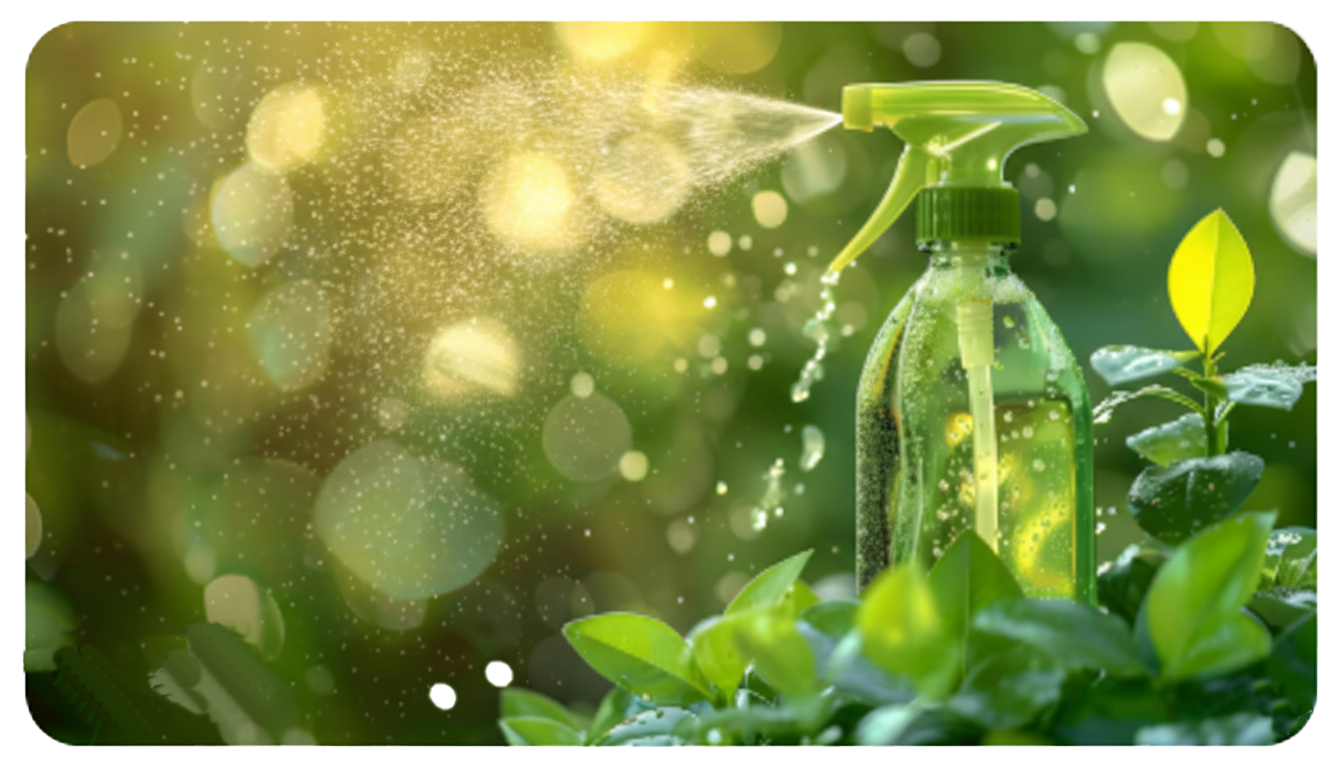Imagem de garrafa com spary de limpeza e folhas verdes de fundo