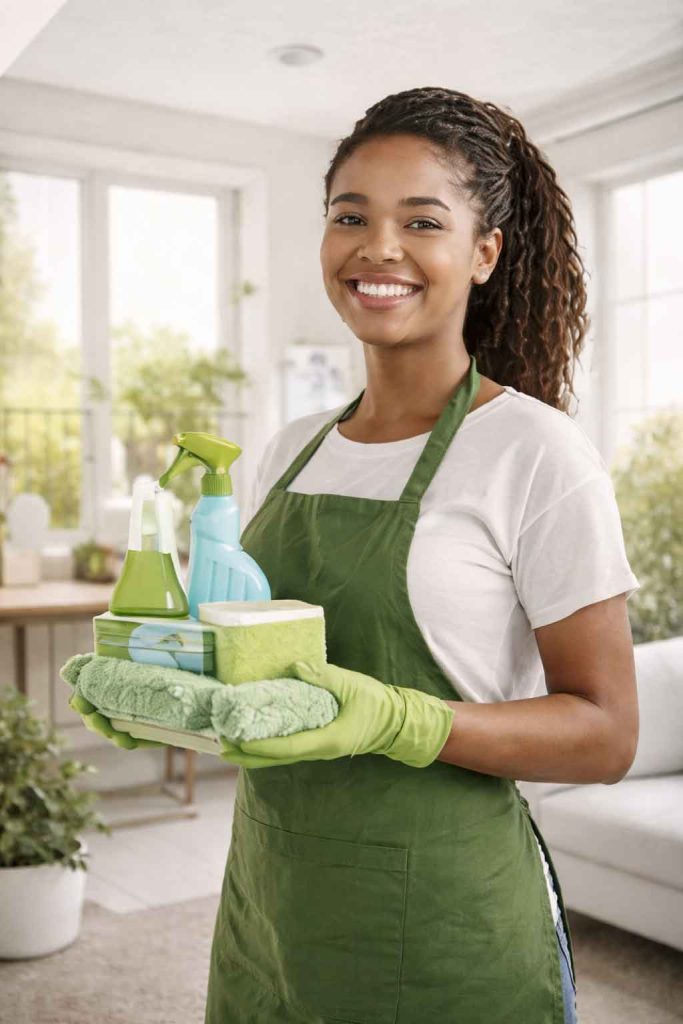 Imagem de mulher com produtos de limpeza eco